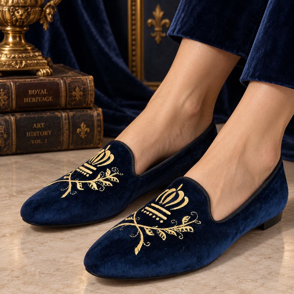 Vionic Snug Romi Navy Velvet Crown Loafers Size 7 EU 38 Royalcore Preppy Flats